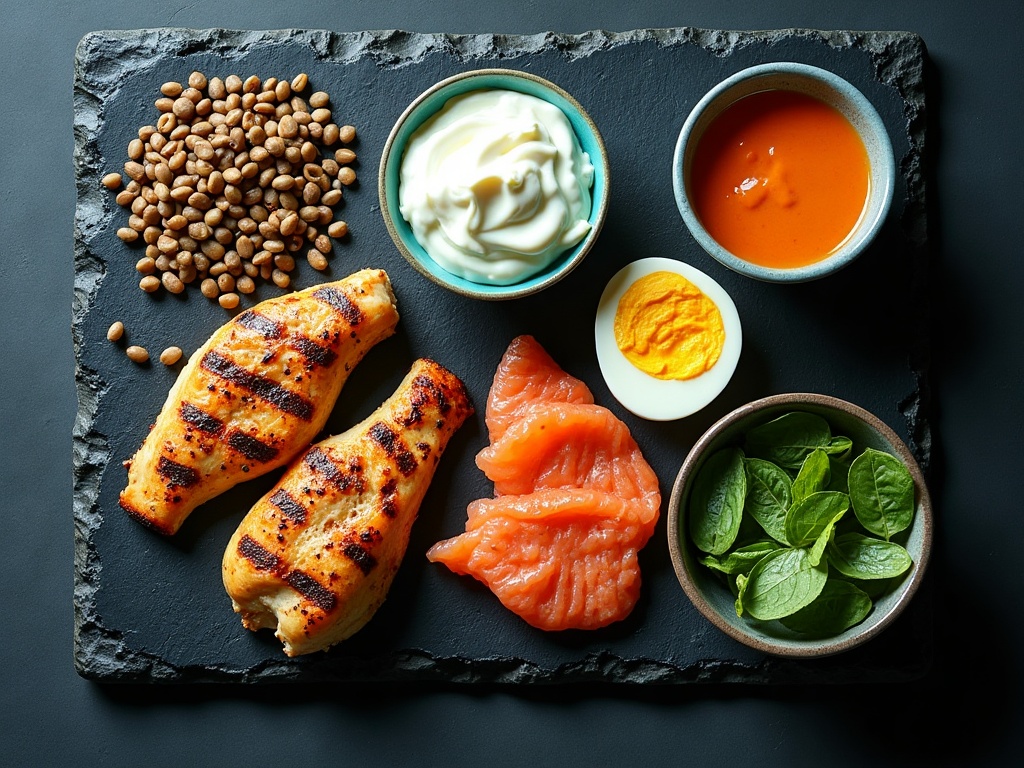 A dark flat-lay of high-protein foods including chicken, eggs, yogurt and protein powder