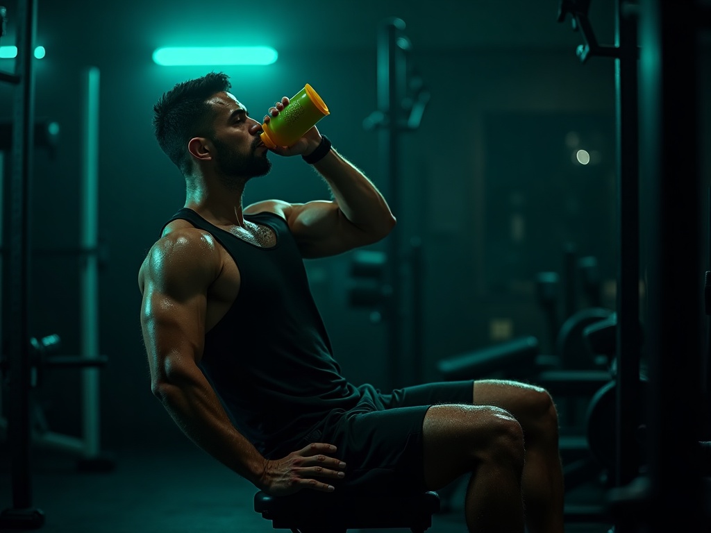 An athlete drinking a protein shake between sets in a dark gym lit teal and lime