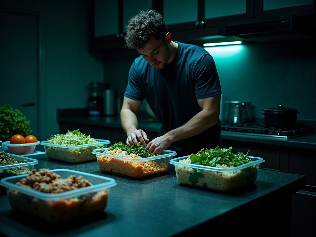 An athlete meal-prepping protein containers on a dark counter under subtle lime and teal light