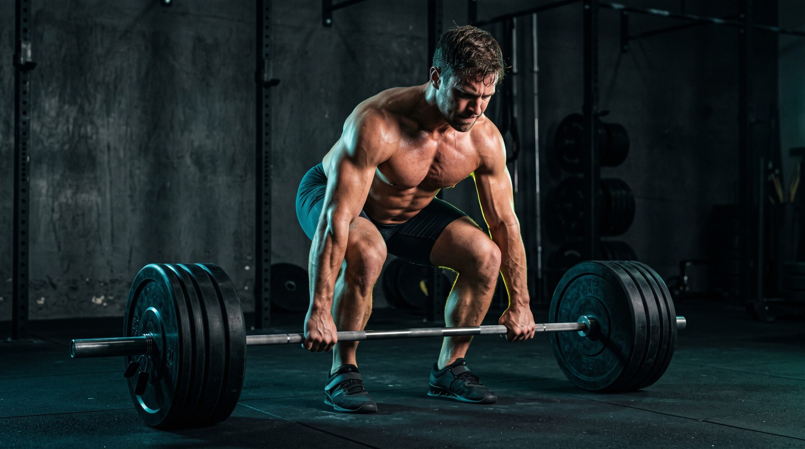 A lifter set over a loaded barbell, torso braced and tight, in a dark gym lit with teal and lime
