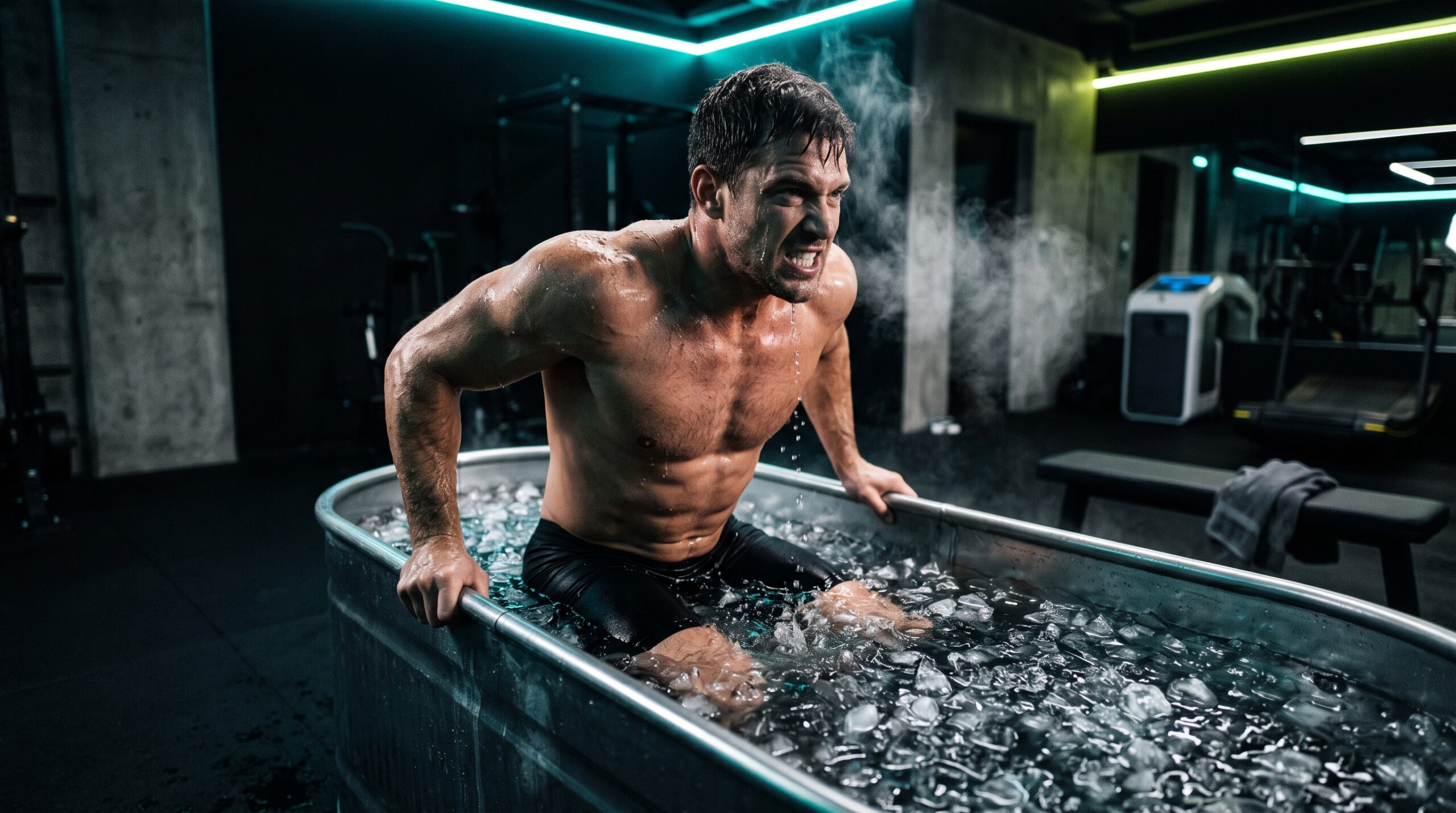 Athlete sitting chest-deep in an ice-filled cold plunge tub in a dark gym