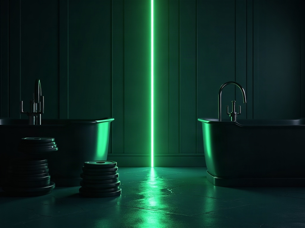 Conceptual image contrasting a loaded barbell with an ice bath tub