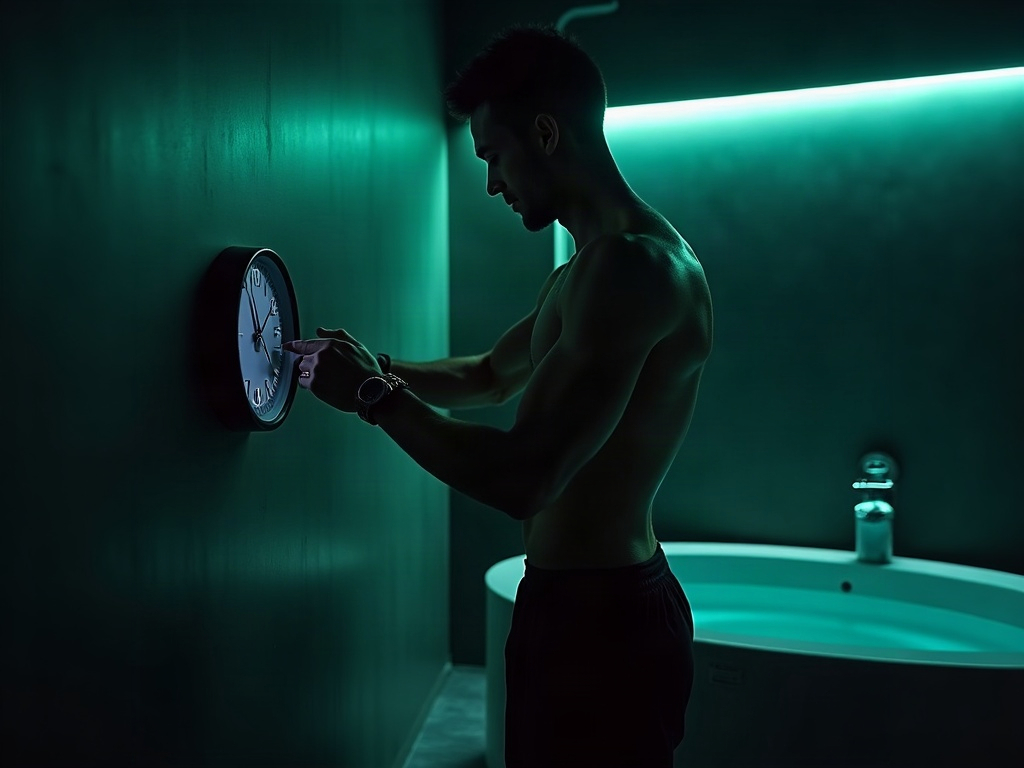 Athlete checking the time with a cold plunge waiting in the background