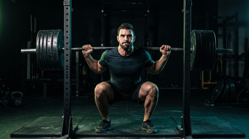 A focused athlete mid heavy squat under electric-lime and teal rim lighting