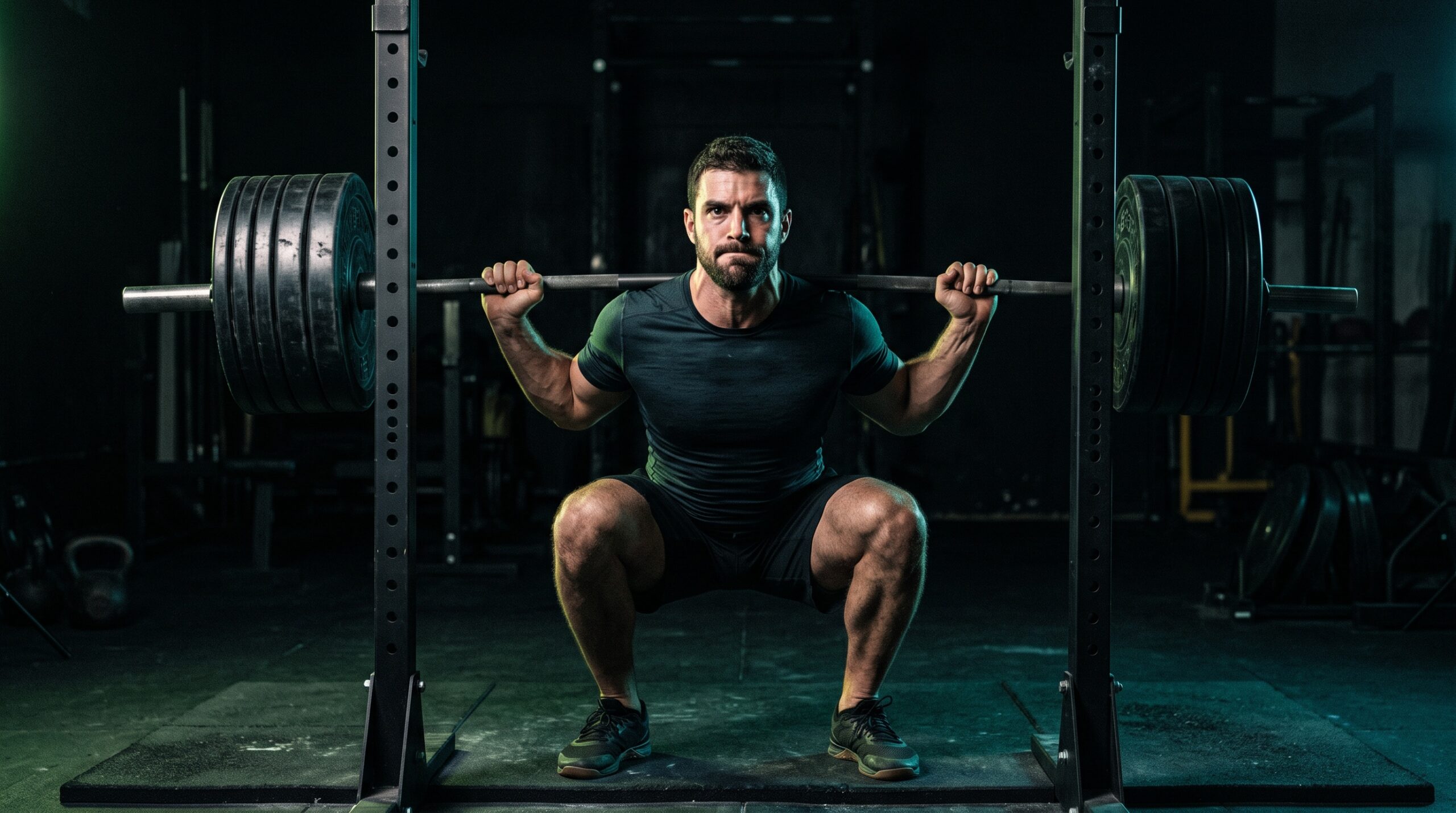A focused athlete mid heavy squat under electric-lime and teal rim lighting