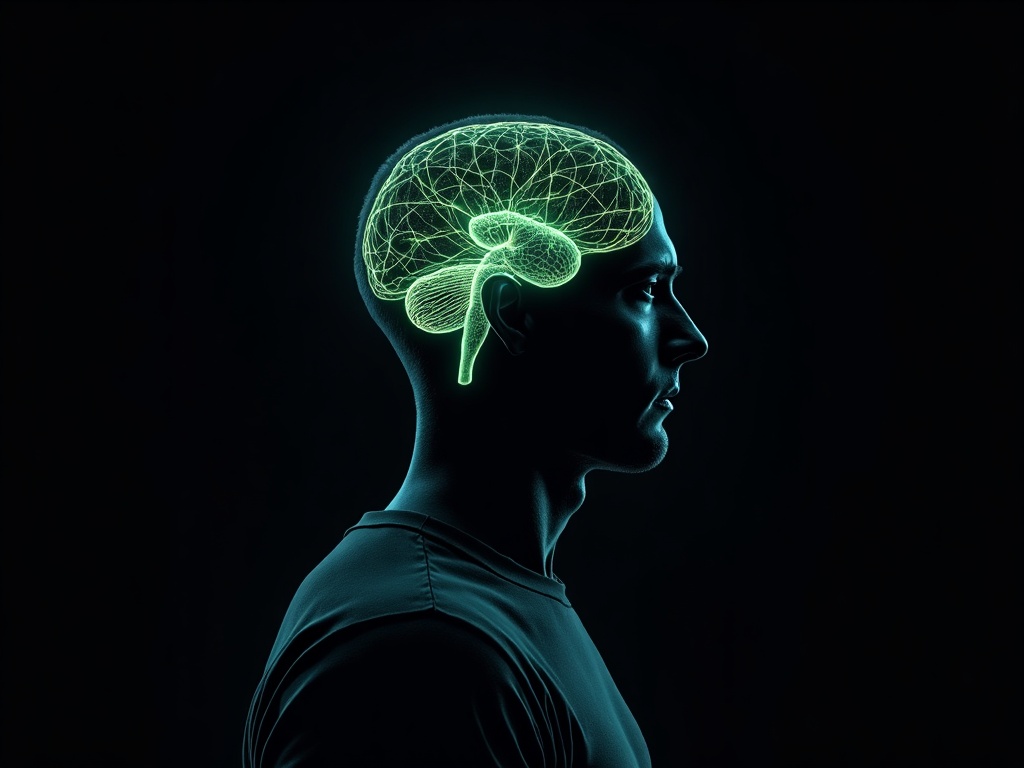 Silhouette of a lifter's head with glowing lime and teal neural pathways inside