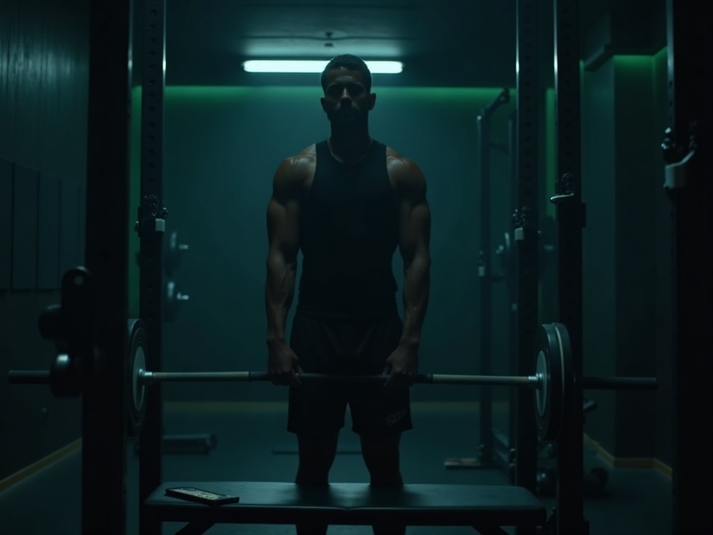 An athlete gathering focus at a barbell with a phone forgotten on a bench behind