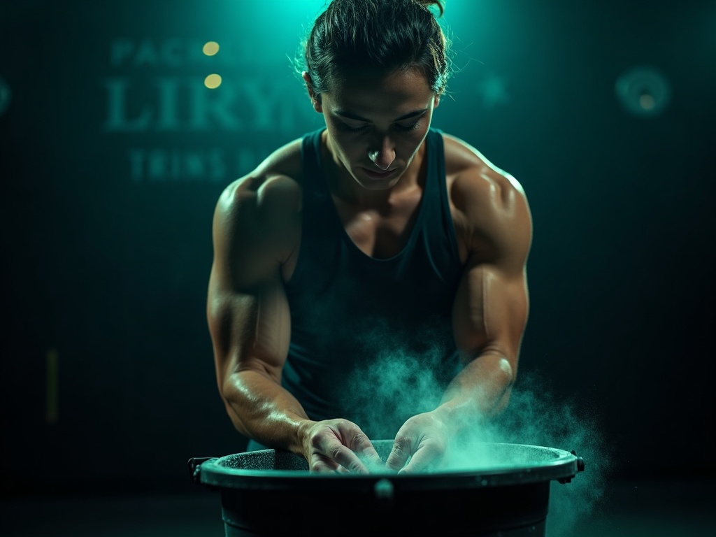 An athlete chalking their hands in a dim gym lit with teal and lime