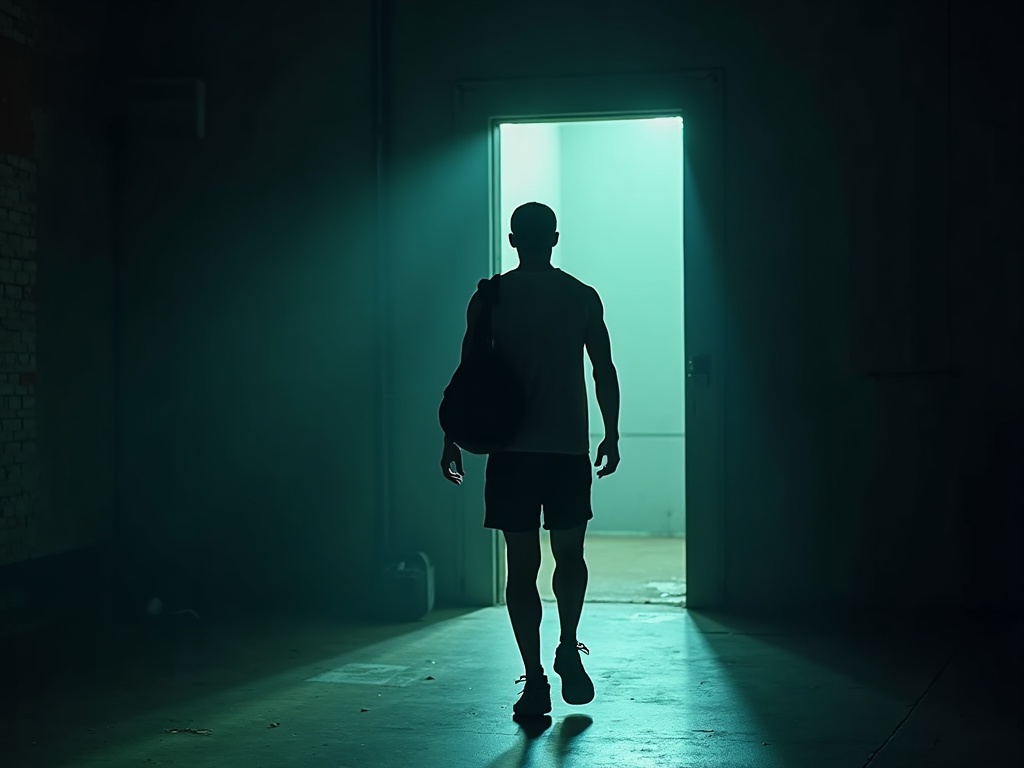 An athlete walking out of a dark gym toward bright light after training