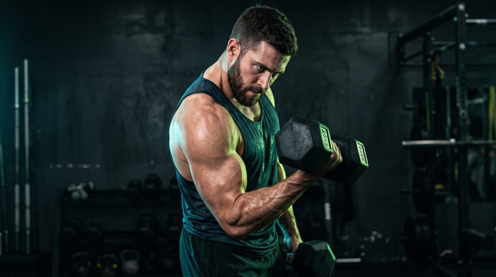 Focused lifter watching the working muscle during a dumbbell curl