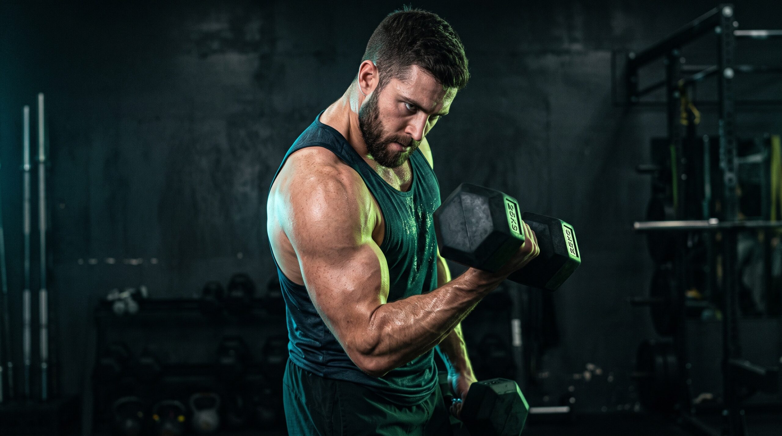 Focused lifter watching the working muscle during a dumbbell curl