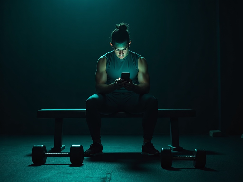 Lifter distracted by a phone between sets with weights unused