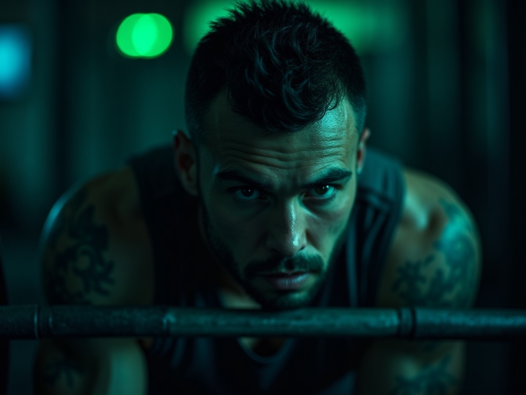 Close-up of a lifter's focused face before starting a set