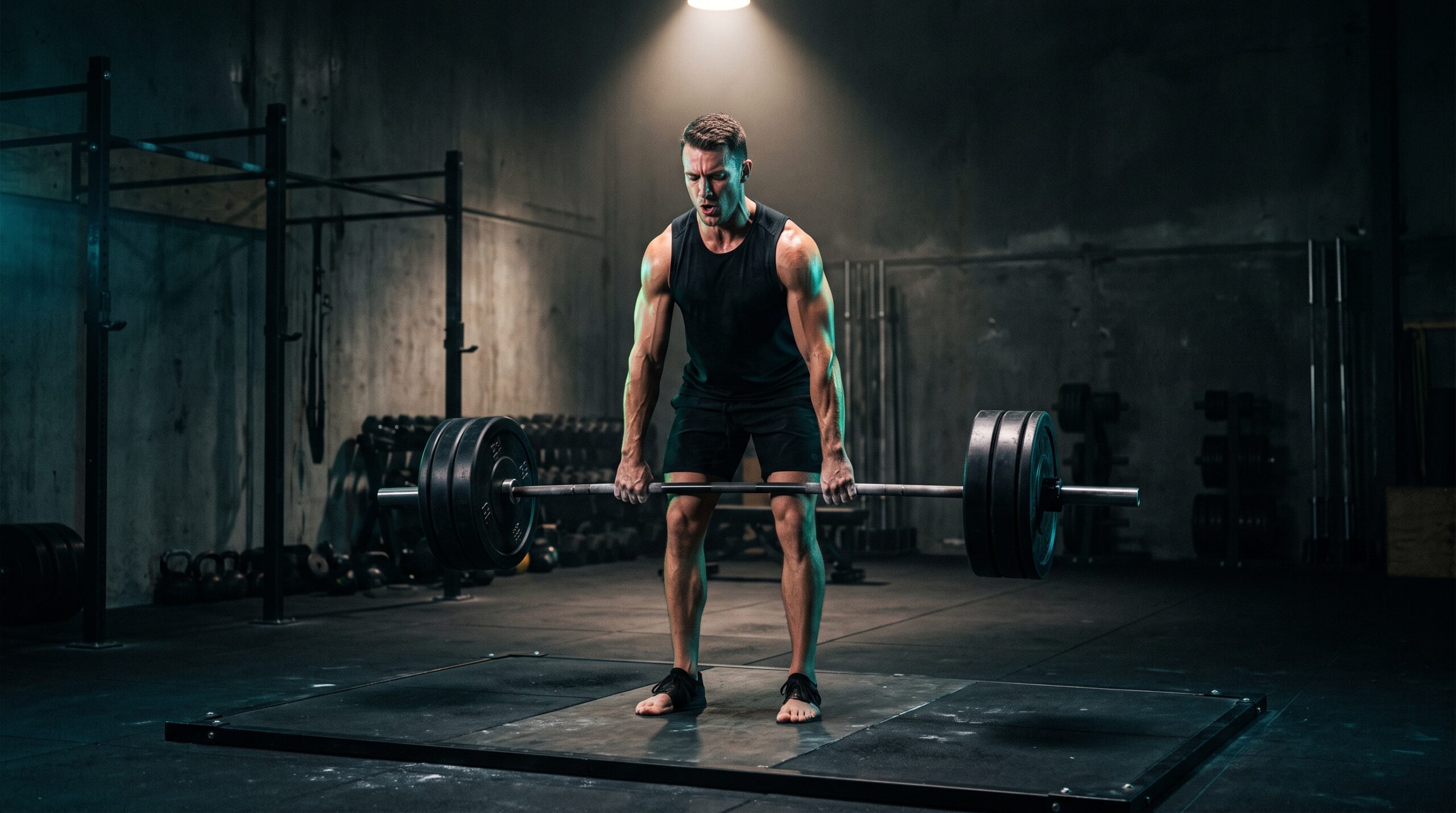 Lone athlete completing a heavy deadlift in an empty dark gym under teal and lime light