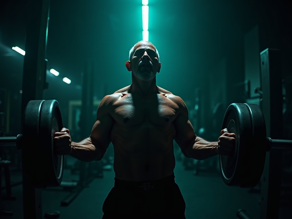 A strong older lifter pressing dumbbells under dramatic teal and lime gym lighting
