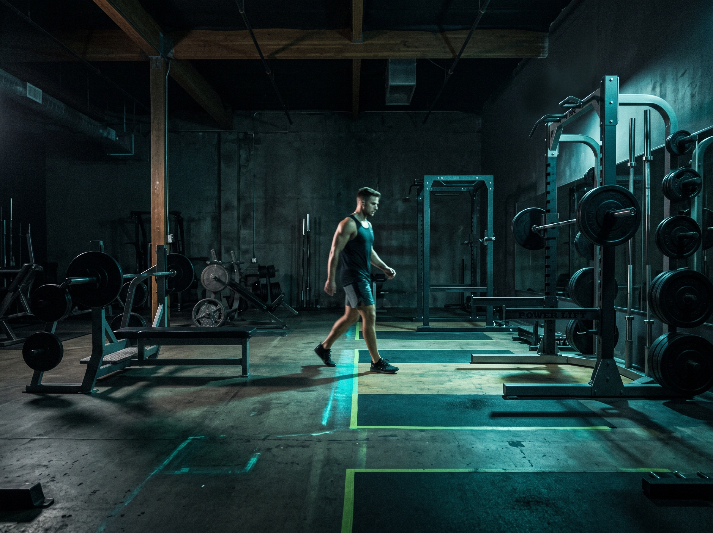 Athlete moving purposefully between a squat rack and bench in a dark efficient gym