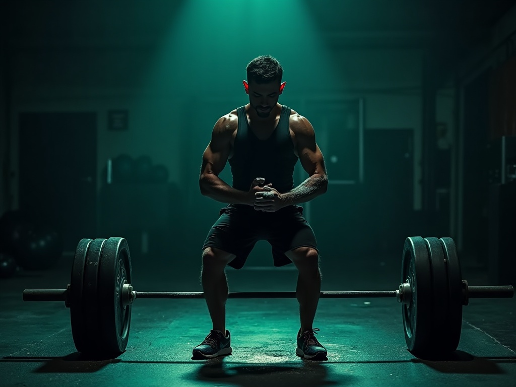 Determined lifter chalking up before a loaded barbell with no phone in sight