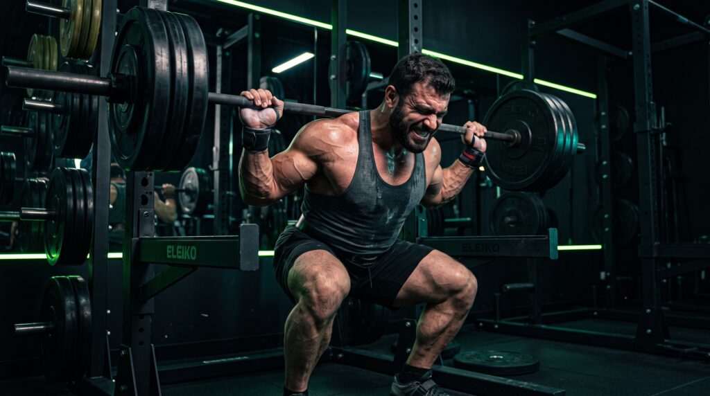 A sore athlete wincing as he stands by a squat rack under lime and teal light