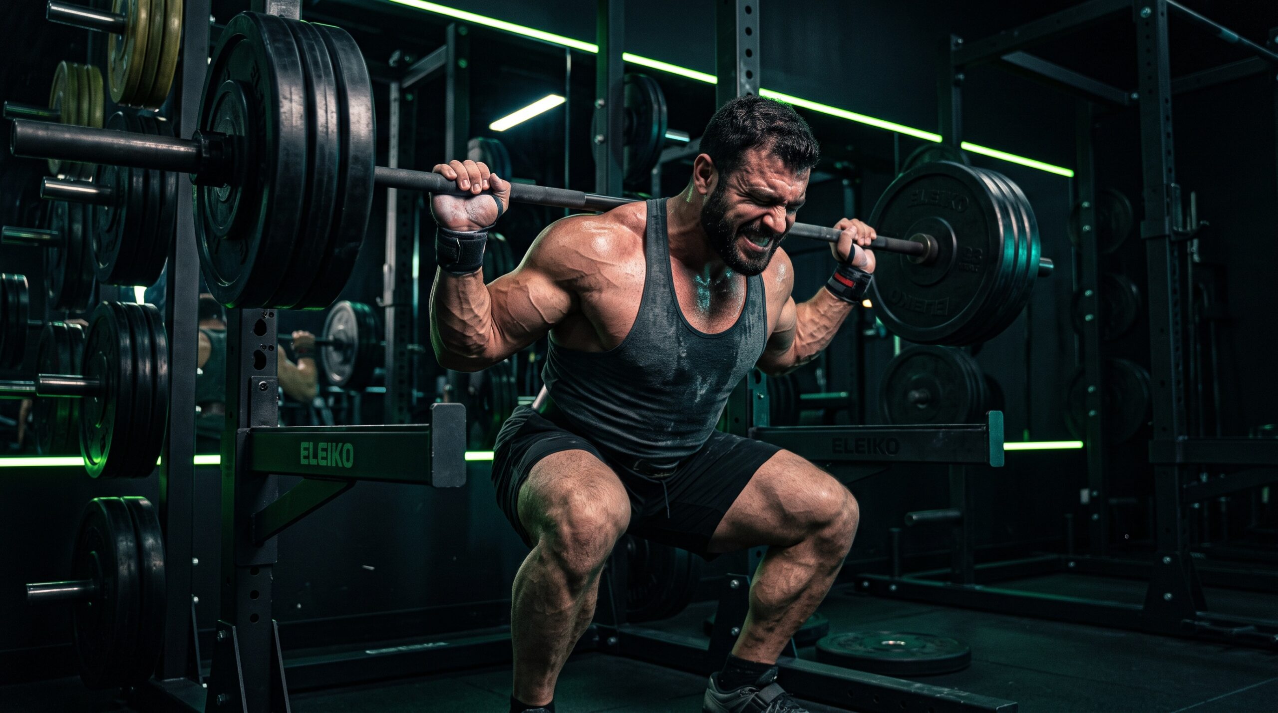 A sore athlete wincing as he stands by a squat rack under lime and teal light