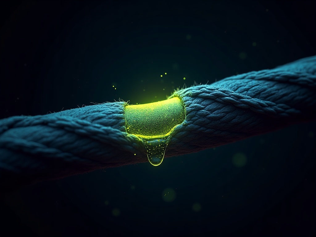 Illustration of a muscle fiber with glowing micro-tears in lime and teal