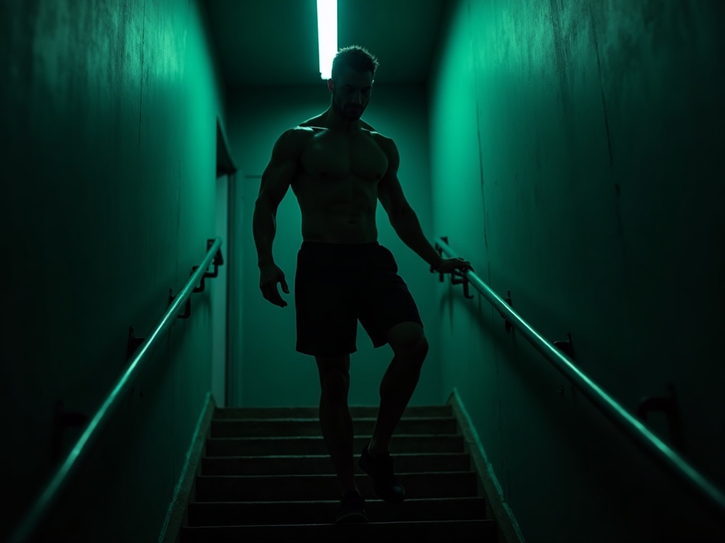 An athlete gingerly walking down stairs the day after leg day in a dark lime-lit scene