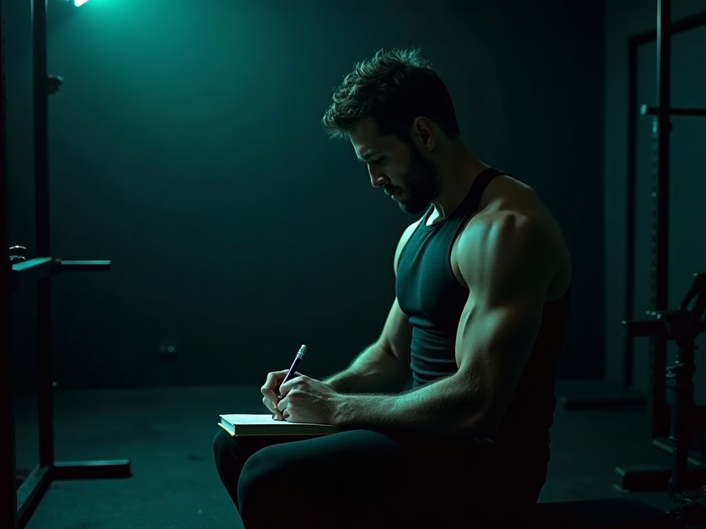 A lifter logging their workout on a bench under teal and lime light