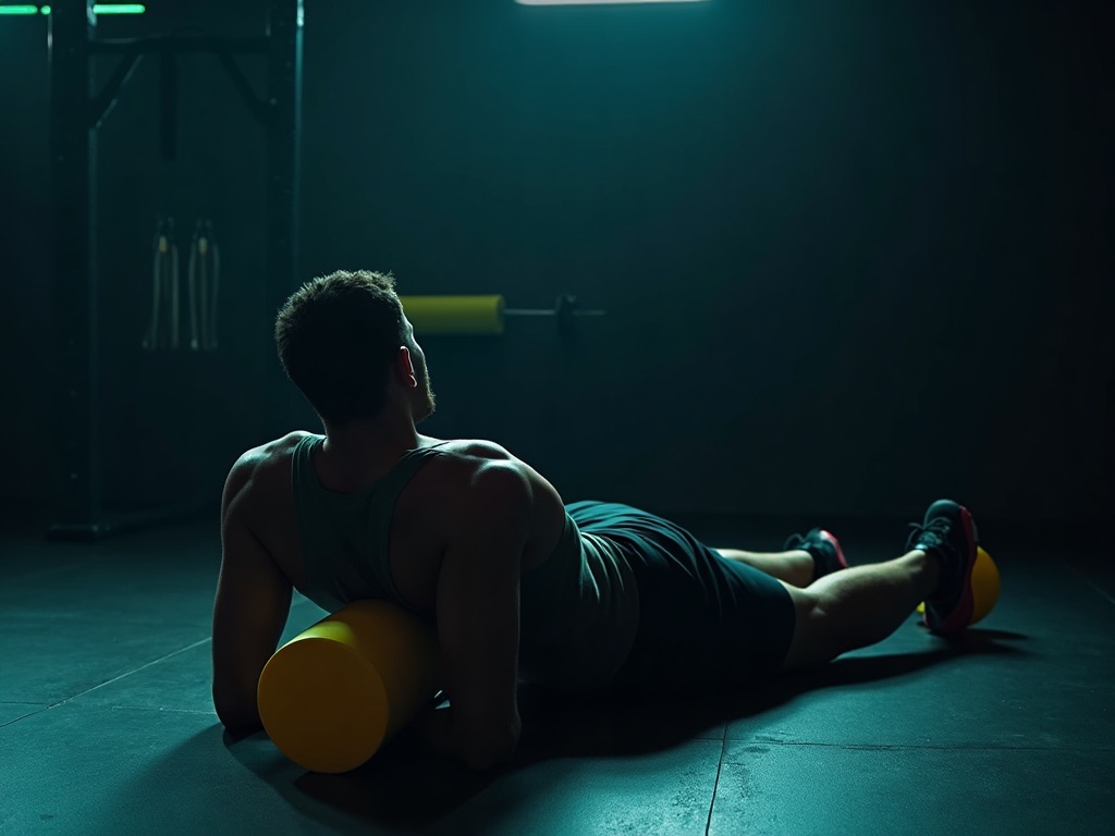 An athlete foam rolling and stretching for active recovery in a dark lime-and-teal lit gym