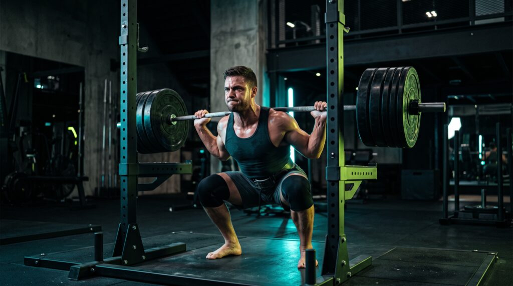 Athlete grinding through a heavy barbell squat under teal and lime rim lighting