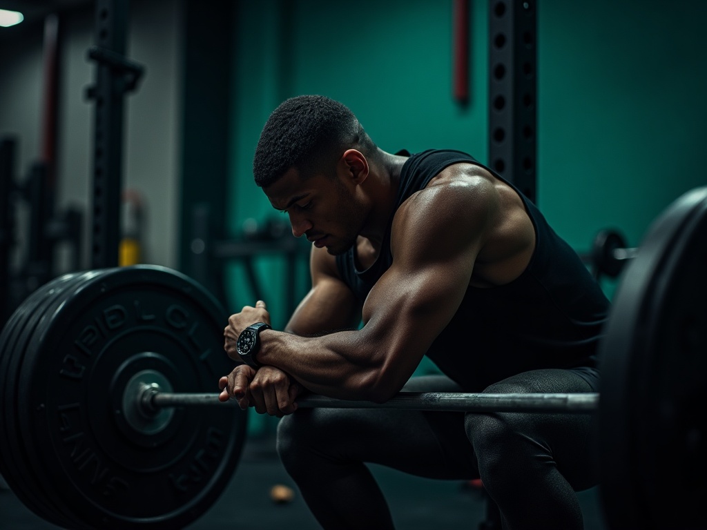 Athlete checking a rest timer between sets at a loaded barbell rack