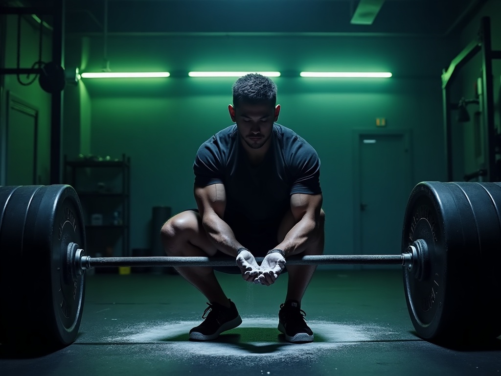 Determined lifter chalking up before a heavy barbell pull in a dark gym