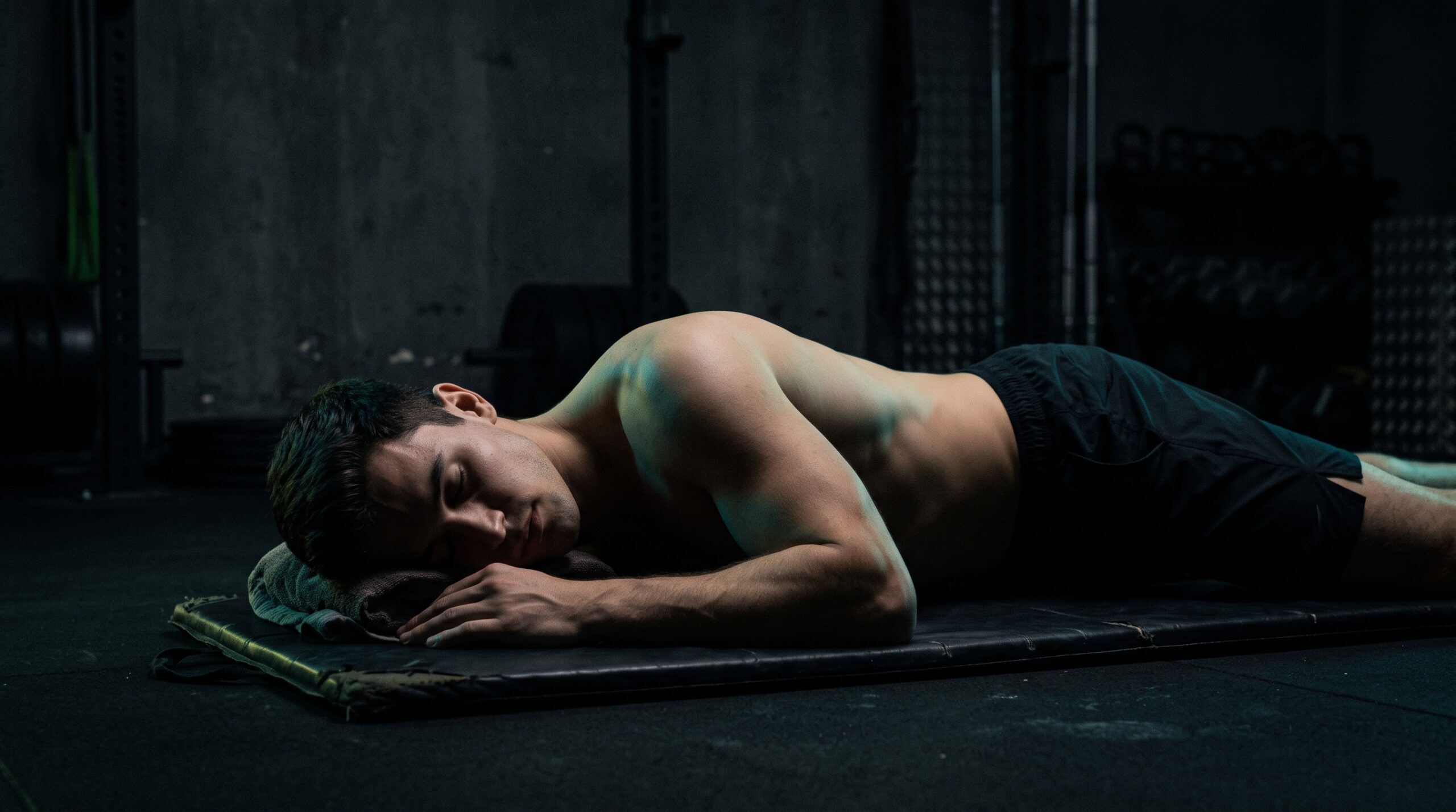A lean athlete asleep with soft teal and lime rim lighting against darkness