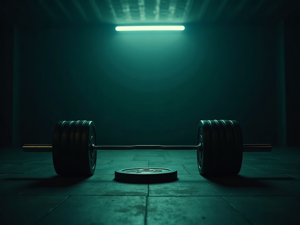 A loaded barbell resting on the floor of an empty dark gym after training