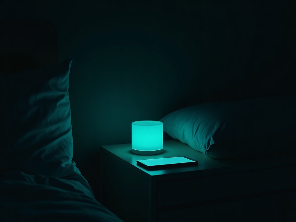 A glowing phone on a nightstand in a dark bedroom late at night