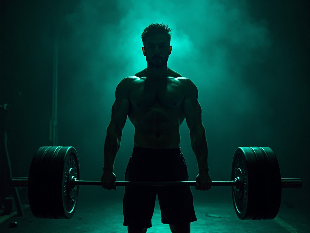 A fresh, strong athlete driving up under a heavy barbell in dramatic light