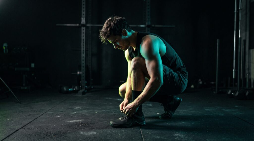 An athlete lacing their shoes in a dark gym lit with teal and lime rim light