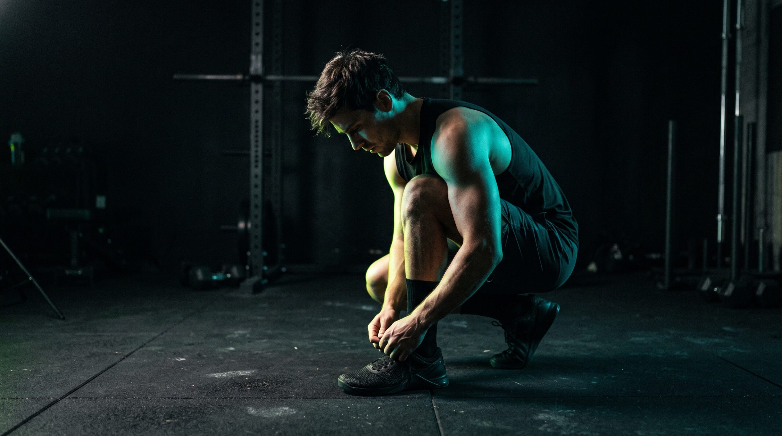 An athlete lacing their shoes in a dark gym lit with teal and lime rim light