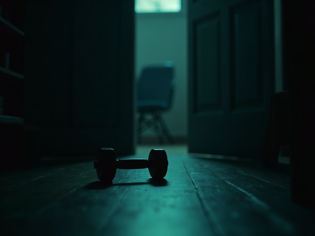 A single dumbbell by a doorway in a dim room lit with teal and lime