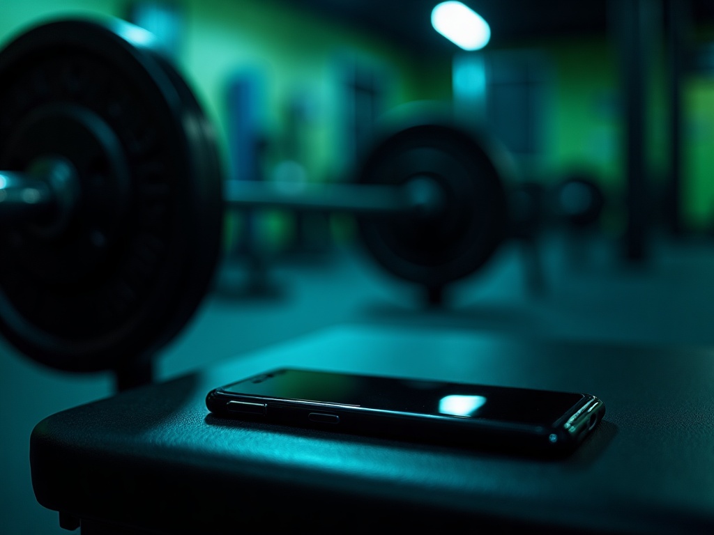 A phone face down on a weight bench with a barbell blurred behind it
