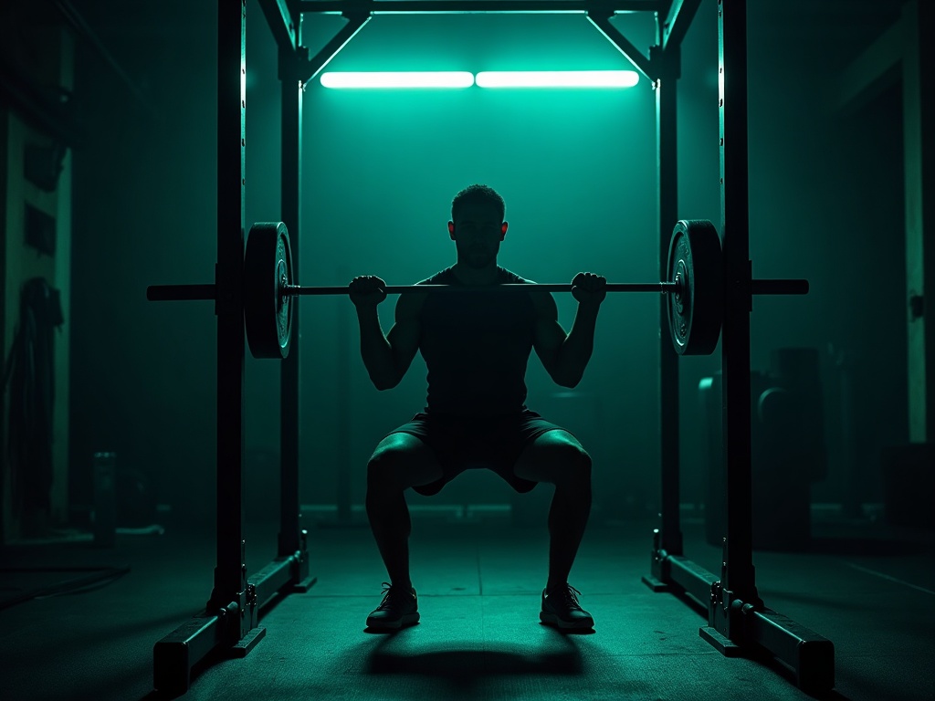A determined athlete mid-set at a squat rack under dramatic teal and lime lighting