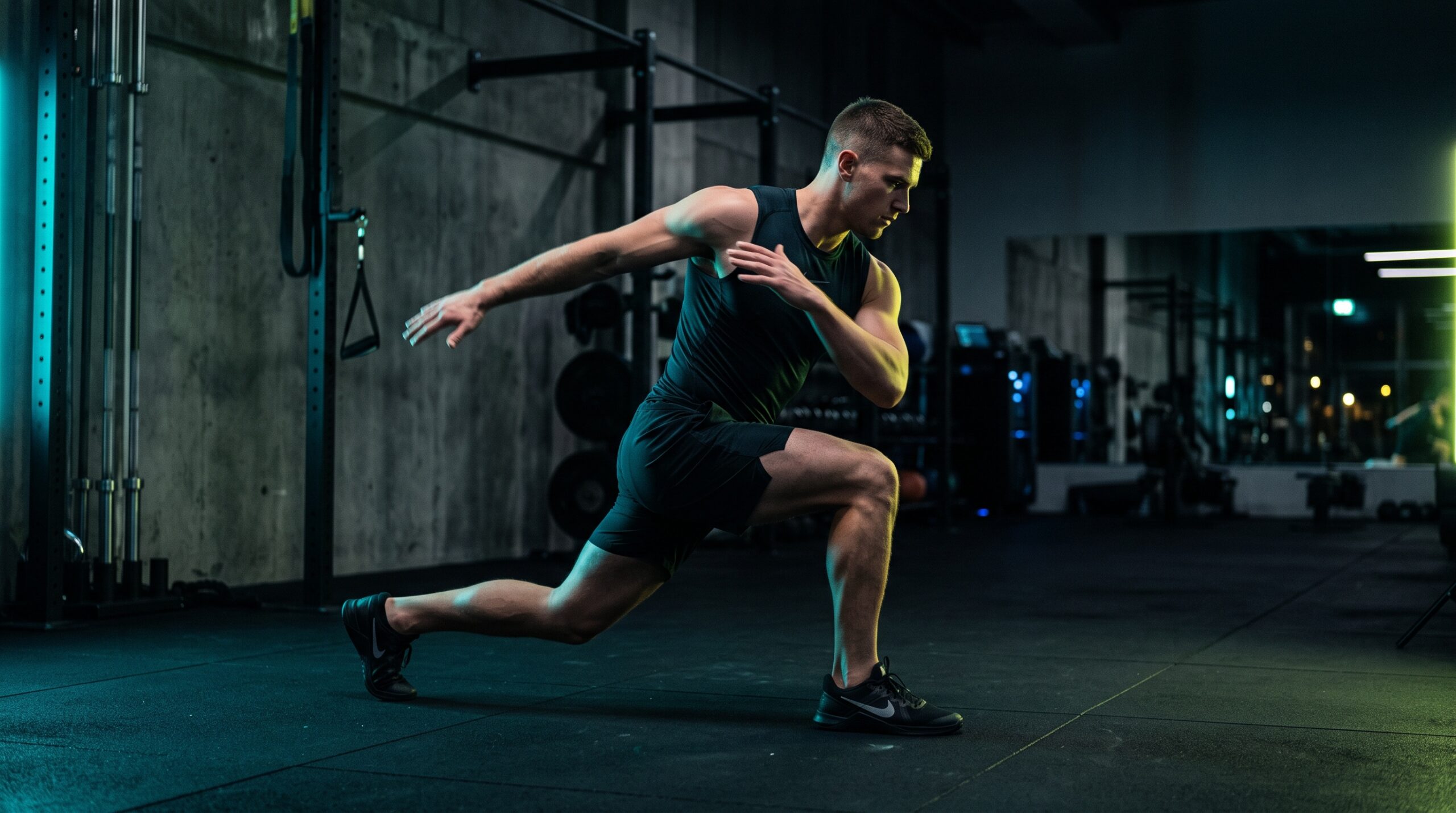 Lifter performing a dynamic lunge with rotation to warm up before training