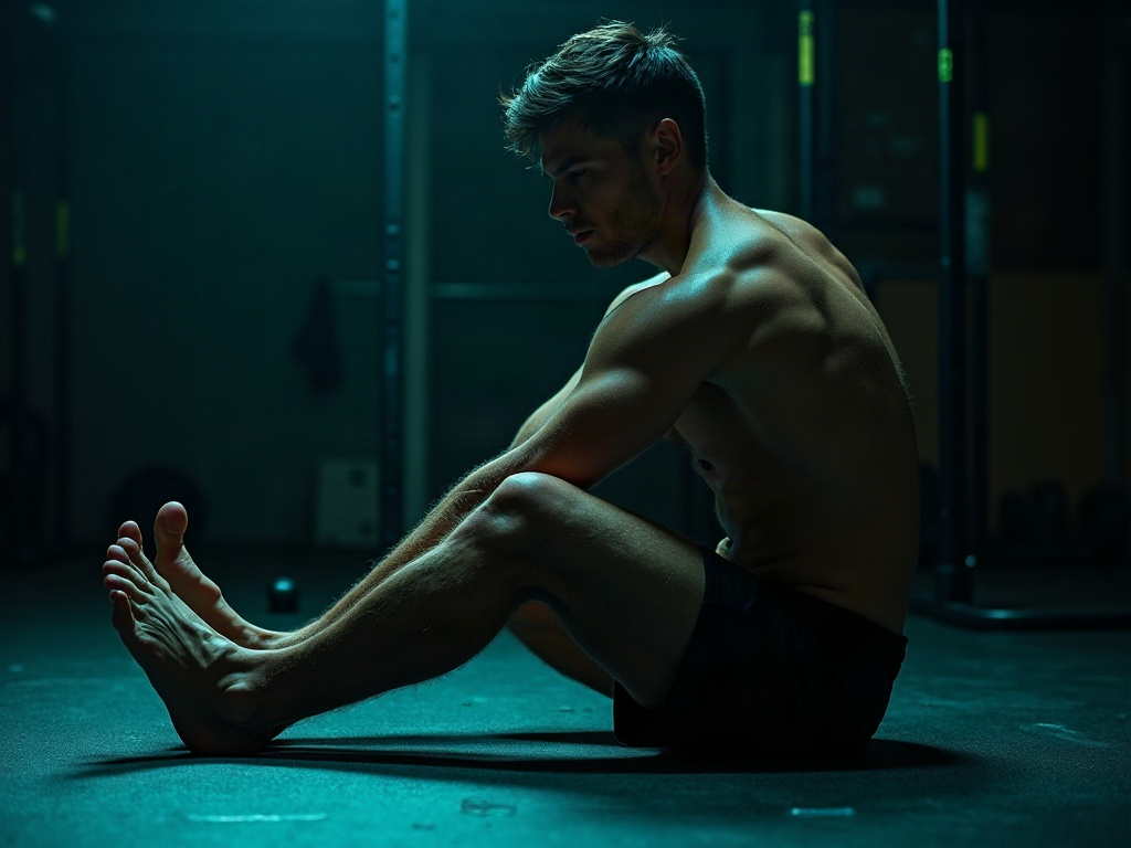 Athlete holding a long static hamstring stretch on the gym floor