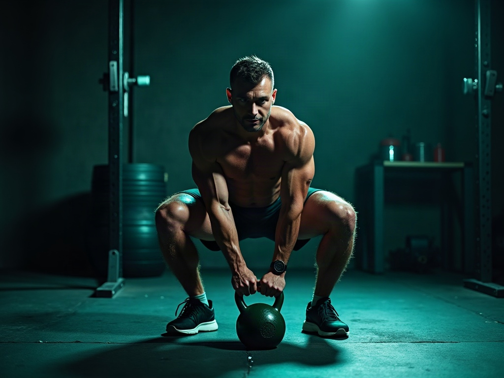 Lifter using a deep goblet squat to open the hips before training