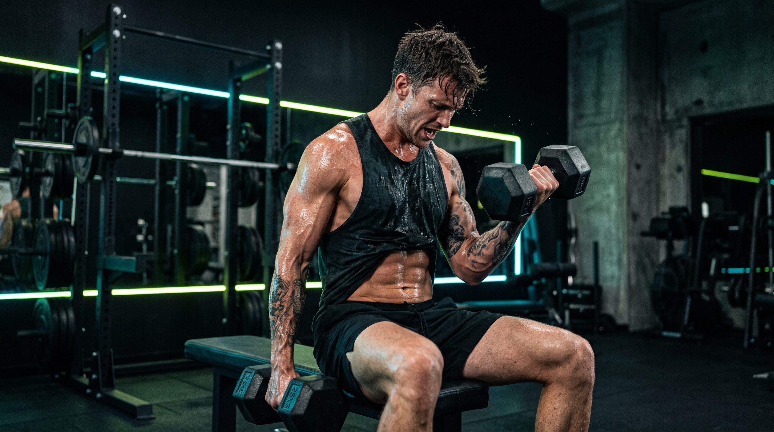 Athlete training with dumbbells under teal and lime rim lighting in a dark gym