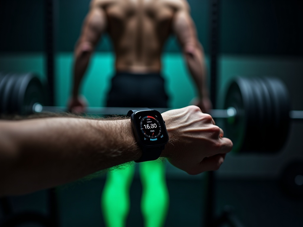 Close-up of a rest timer on a wrist between sets at a barbell rack