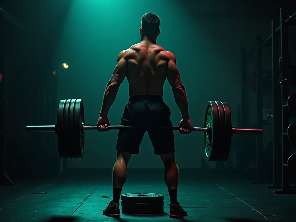 Focused lifter loading plates onto a barbell in a dark gym