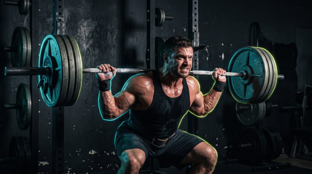 Lifter slowly lowering a loaded barbell under control