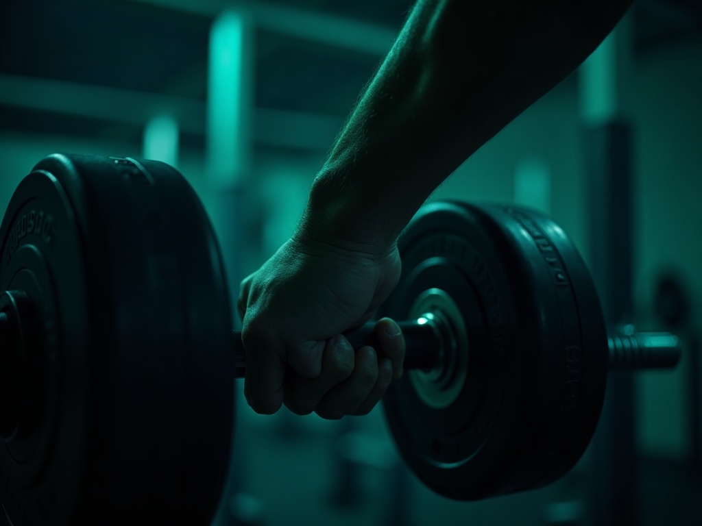 Close-up of a hand gripping a dumbbell mid-rep under tension