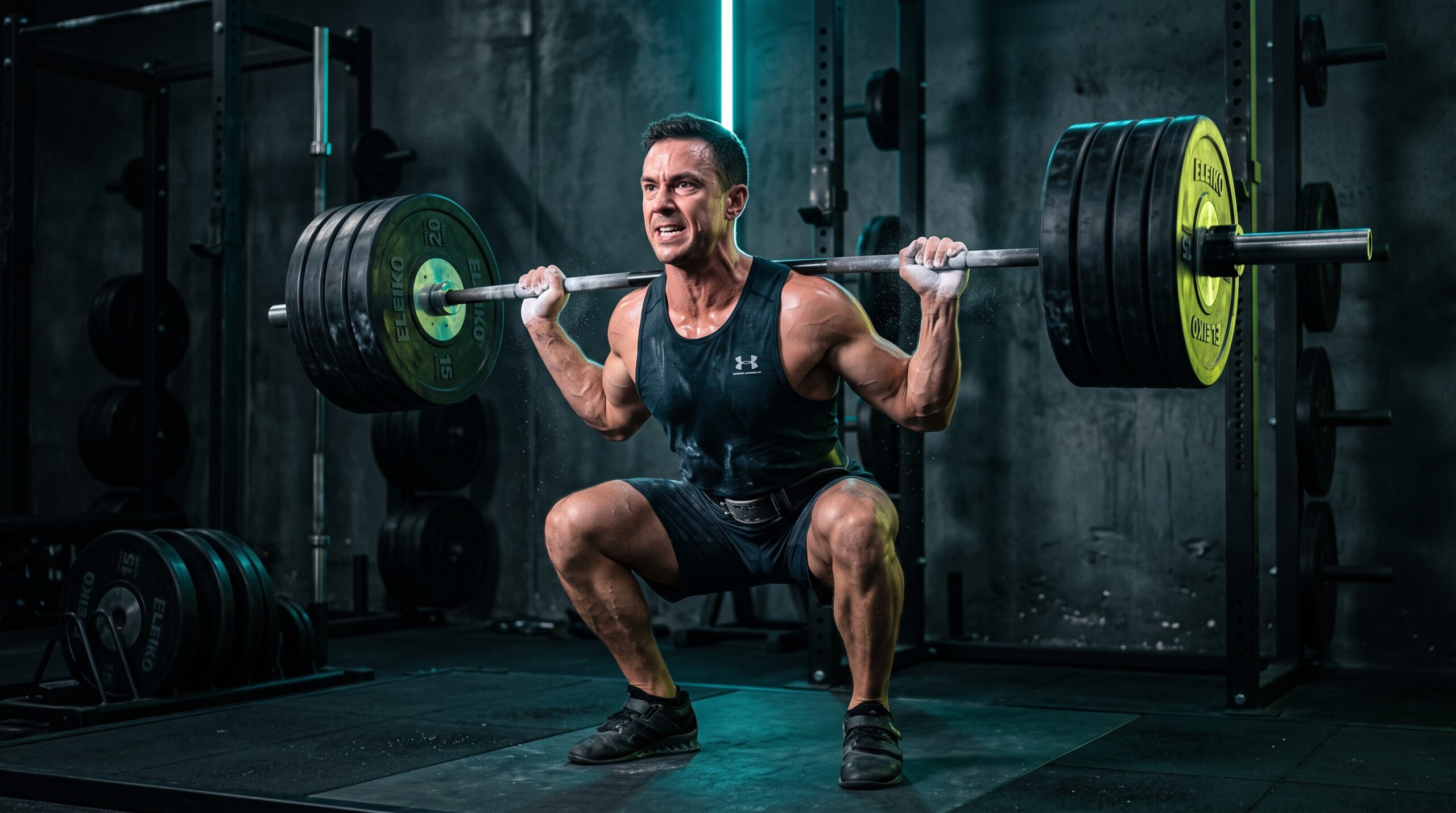 Lifter gripping a loaded barbell under dramatic teal and lime gym lighting