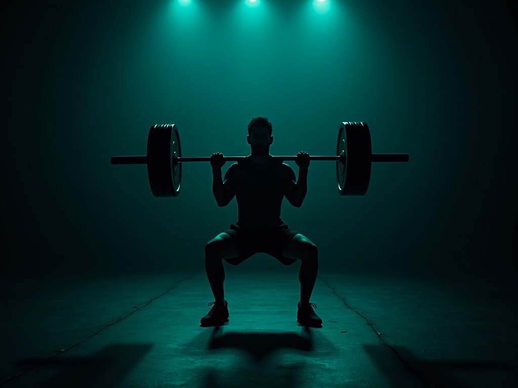 Athlete performing a focused barbell squat in a dark gym