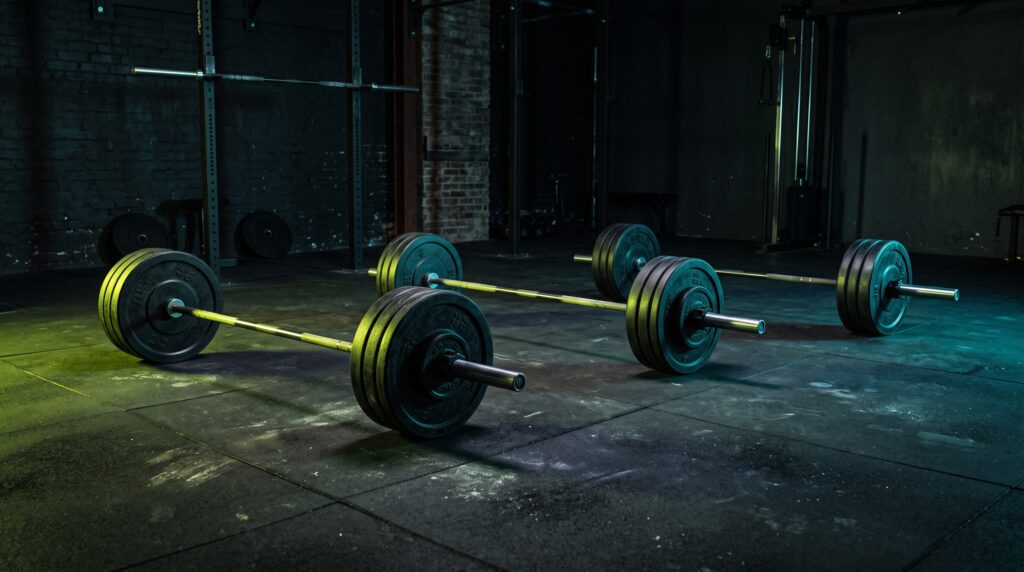 Three loaded barbells on a dark gym floor lit in electric lime and teal, representing three training splits